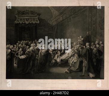 La mort de William Pitt, seigneur Chatham, dans la chambre haute du Palais de Westminster, 1778.Gravure de J.M.Delattre d'après J.S. Copley, 1779. Banque D'Images