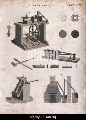 Machines utilisées dans la fabrication des boutons et des détails de ses composants.Gravure par E. Turrell après J. Farey. Banque D'Images