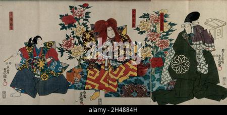 Acteurs en tenue habillée dans un cadre courtois : la figure de Nakamura IV porte une longue perruque de lion rouge ; le garçon à gauche joue un tambour ; l'homme à droite tient un plateau d'offrande avec une pétition.Couleur coupe de bois par Kunisada I, 1847/1850. Banque D'Images