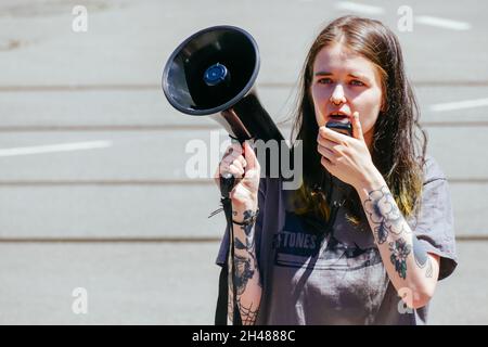 Manifestation contre la vaccination dans le CBD de Melbourne Banque D'Images