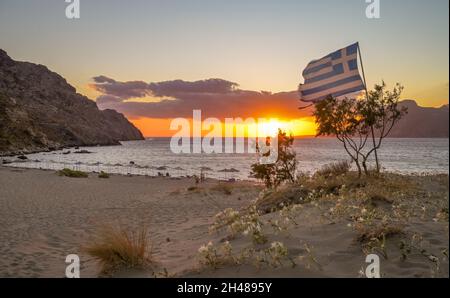 Sonnenuntergang, Sandstrand, Plakias, Südküste, Kreta,Griechenland Banque D'Images