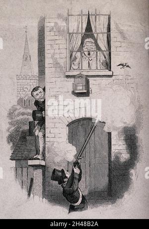 Un homme tire sur un lark qui s'est échappé de sa cage dans la rue: La femme qui la possède regarde avec horreur depuis une fenêtre à l'étage, tandis qu'un autre homme regarde du côté de la maison.Gravure, 183-(?). Banque D'Images