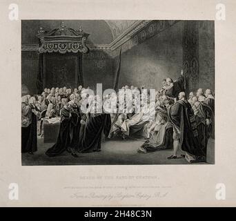 La mort de William Pitt, seigneur Chatham, dans la chambre haute du Palais de Westminster, 1778.Gravure d'après J. Copley, 1779. Banque D'Images