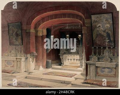 Sanctuaire de l'Annonciation de la Vierge, dans l'église de l'Annonciation, Nazareth, Israël.Lithographie colorée de Louis Haghe, 1842 ans, d'après David Roberts, 1839 ans. Banque D'Images