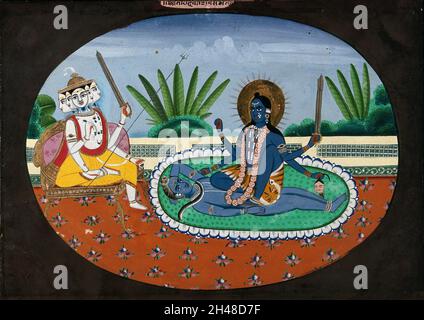 Une forme féroce de Shiva assise sur un corps prostrate devant une déesse à cinq têtes assise sur un trône.Peinture de gouache par un artiste indien. Banque D'Images