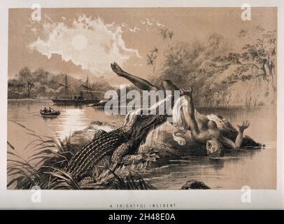 Une femme attaquée par un crocodile émergeant de l'eau, en Afrique centrale.Lithographie, 1874. Banque D'Images