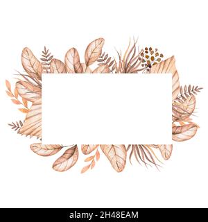 Mariage de la lunaria séchée, orchidée, pampas herbe couronne florale. Carte d'invitation à fleurs séchées exotiques, feuilles de palmier et boho. Cadre de modèle aquarelle, enregistrer Banque D'Images