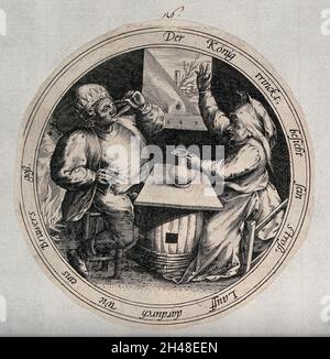 Un homme boit d'un verre alors qu'une femme tient une carafe et lève sa main dans l'air.Gravure. Banque D'Images