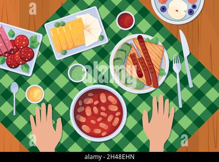 Vue du dessus des mains avec nourriture.Produits pour le petit-déjeuner à manger humain sur la table plats menu restaurant œufs repas boissons chaudes avec lait thé légumes fruits garish Illustration de Vecteur