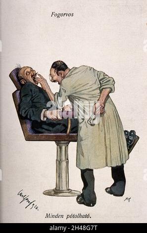 Un dentiste examinant les dents d'un patient nerveux, avec un extracteur caché derrière son dos.Reproduction photomécanique de couleur par A.R. After. Banque D'Images