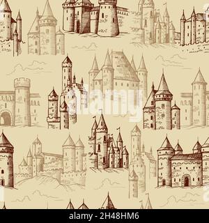 Motif châteaux.Les bâtiments historiques médiévaux avec des tours de conception textile projet modèle récent vecteur sans couture arrière-plan Illustration de Vecteur