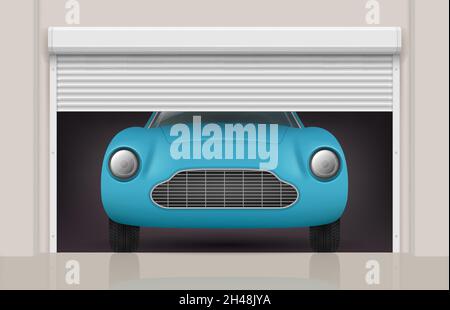 Voiture dans le garage.Portes à roulettes aux portes de stationnement vue avant automobile décente vecteur illustration réaliste Illustration de Vecteur