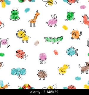 Motif de peinture pour enfants.Empreintes digitales, dessin mignon insecte et imprimé animal sauvage.Texture sans couture vectorielle pour enfant Illustration de Vecteur