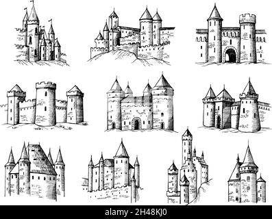 Châteaux à dessin.Bâtiments médiévaux anciennes tours gothiques constructions anciennes Collection récente de châteaux vectoriels Illustration de Vecteur