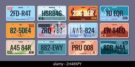 Plaques de voiture.Numéros de licence de véhicule en acier pour les régions des états-unis colorado america texas infostrates avec des chiffres et des lettres garish vector image templates Illustration de Vecteur