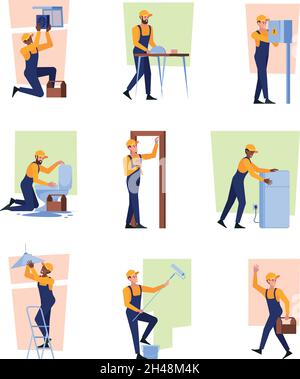 Rénovation de la maison.Réparateur aider les gens chambres concepteurs plombiers constructeurs peintres artisan garish vecteur illustrations ensemble isolé Illustration de Vecteur