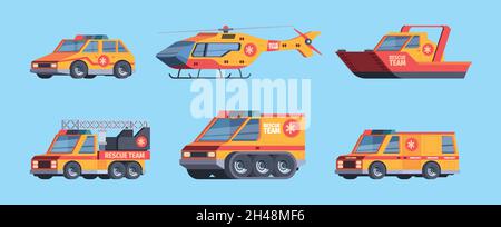 Voitures de sauvetage.Techniques de sauvetage véhicules d'urgence et hélicoptères ambulanciers paramédicaux hôpital camions rapides garish vecteur plat images ensemble isolé Illustration de Vecteur