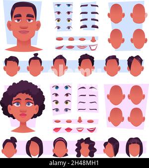 Personnages afro.Elégant afrique personnes avatar création kit grands yeux nez bouche cheveux afro noir peau ton exact vecteur constructeur modèles Illustration de Vecteur