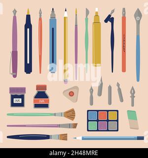 Outils d'artiste.Stylo pinceaux crayons marqueurs peinture liquide pour l'artisanat calligraphie travaux professionnels papeterie kit écrivains vecteur récent plat Illustration de Vecteur