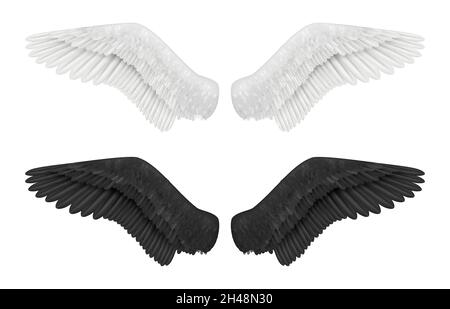 Ailes blanches et noires.Ailes d'ange et de démon oiseaux plumes gothic volants symboles décents vecteur images réalistes Illustration de Vecteur