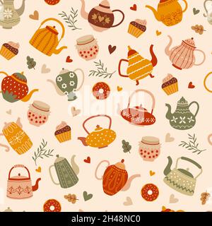 Motif théières.Tasses et théières stylisées douillettes fond vectoriel récent sans couture pour les projets de conception textile Illustration de Vecteur