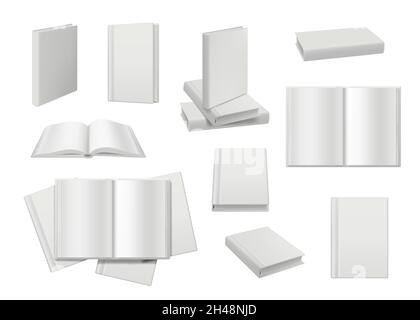 Maquette de livre.Vide blanc ouverture et fermé livres blancs publication pages collection décents vecteur réaliste modèles Illustration de Vecteur