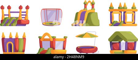 Trampolines.Châteaux gonflables et divertissement saut trampoline événements sportifs pour les personnages gaies grenat illustrations vectorielles plates Illustration de Vecteur