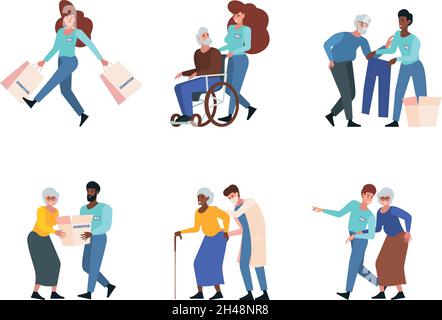 Travailleurs sociaux.Service de soutien pour les personnes pauvres infirmière aidant aux personnes âgées en fauteuil roulant garish vecteur personnes illustrations dans le style plat Illustration de Vecteur