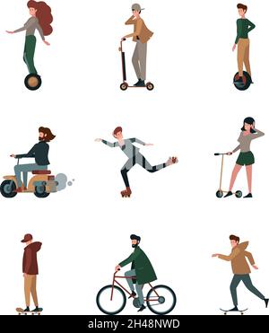 Activité personnes.Conduite urbaine vie active personne sur les scooters électriques roues vélos véhicules garish vecteur à plat illustrations Illustration de Vecteur