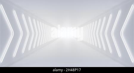 Tunnel blanc avec panneau à flèches au néon brillant sur les murs.rendu 3d. Banque D'Images