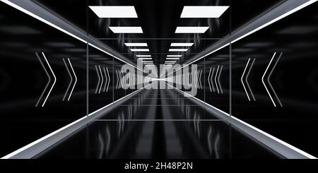 Tunnel sombre avec lumières au néon blanc brillant.Réflexions floues sur le sol.Arrière-plan noir abstrait.Image de rendu 3D. Banque D'Images