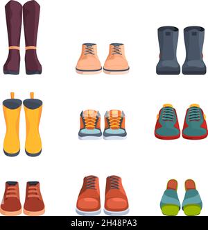 Vue avant du caisson.Chaussures et baskets tendance et élégantes pour hommes et femmes, garish Vector Flat images de chaussures Illustration de Vecteur