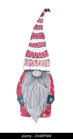 Gnome de Noël aquarelle Illustration, Gnome scandinave nordique, joli petit Santa Elf nains de vacances en costume rouge amusant Banque D'Images