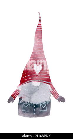 Gnome de Noël aquarelle Illustration, Gnome scandinave nordique, joli petit Santa Elf nains de vacances en costume rouge amusant Banque D'Images