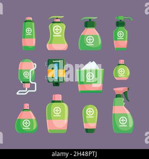 Assainisseur.Flacons pulvérisateurs hygiéniques essuyant des produits transparents Garish Vector Images plates des emballages avec des désinfecteurs liquides Illustration de Vecteur