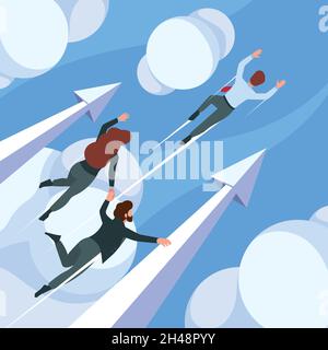 Les voyageurs d'affaires.Les personnes réussies rêvent de pouvoir se déplacer vers des buts gestionnaires dans les nuages affaires super héros de l'énergie garish vecteur concept Illustration de Vecteur