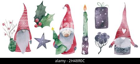 Ensemble de jolis gnomes de dessin animé isolés sur un fond blanc aquarelle éléments de noël scandinave Banque D'Images