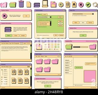 interface utilisateur Web.mise en page des années 90 éléments d'écran cadre pages bannières icônes diviseurs et boutons garish vector ui templates Illustration de Vecteur