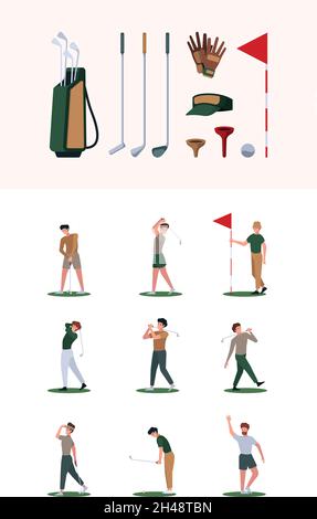 Personnages de golf.Sport activités saines boule blanche drapeau rouge frapper bâton jeu actif Garish vecteur accessoires pour les golfeurs Illustration de Vecteur