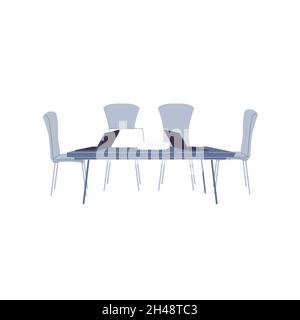 Table de travail de conférence de dessin animé plate avec ordinateurs portables et chaises, équipement électronique, mobilier et éléments intérieurs de bureau vecteur d'illustration concept Illustration de Vecteur