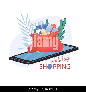 Achats de cadeaux en ligne pour les fêtes par téléphone portable Illustration de Vecteur
