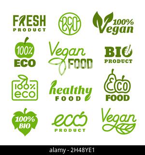 Emblèmes écologiques.Logo bio biologique, autocollants d'aliments verts frais.Badge végétarien, produits agricoles de haute qualité.Étiquettes vectorielles de produit naturel Illustration de Vecteur