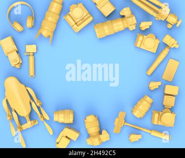 Vue de dessus de l'espace de travail et de l'équipement de designer comme un appareil photo reflex numérique inexistant, téléphone mobile, drone et caméra d'action sur selfie bâton sur fond bleu.3d ren Banque D'Images