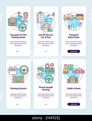 La formation des conducteurs propose un écran d'application mobile d'intégration.Cours pour les adolescents parcourez les instructions graphiques en 3 étapes avec les concepts.UI, UX, GUI VE Illustration de Vecteur