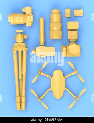 Vue de dessus de l'espace de travail et de l'équipement de designer comme un appareil photo reflex numérique inexistant, téléphone mobile, drone et caméra d'action sur selfie bâton sur fond bleu.3d ren Banque D'Images