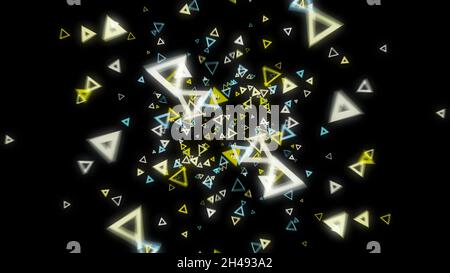 Ensemble abstrait de nombreux triangles de néon multicolores flottant dans un environnement abstrait sur un noir.Espace abstrait généré par ordinateur. Banque D'Images