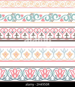 Frontières russes transparentes.Ornement slave horizontal sans couture décor, russe stencils nationaux, floral oriental feuille tendril ornemental céramique ukraine traditionnel ligne imprime vecteur sur blanc Illustration de Vecteur