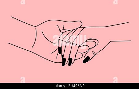 Tenir la main doucement.Doux homme tenant la femme bras minimal illustration de vecteur linéaire, les gens tient des palmiers invitation mariage beau dessin d'esquisse, romantique invitant welcom concept isolé Illustration de Vecteur