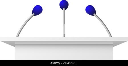 Discours public tribune.Microphone ouvert, action politique ou conférence de presse d'affaires, stand blanc avec trois microphones.Démonstration, diplômés Illustration de Vecteur