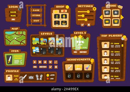 Boutons de jeu de l'interface utilisateur.Panneaux et boutons de kit de jeu, éléments d'application de jeux.Interface de lecture mobile, écran d'accueil et avatars utilisateur ensemble de vecteurs récents Illustration de Vecteur